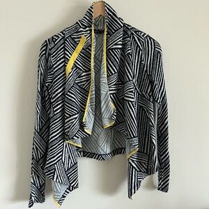 THML Blue and White Geometric Shawl sweater with Yellow Accents